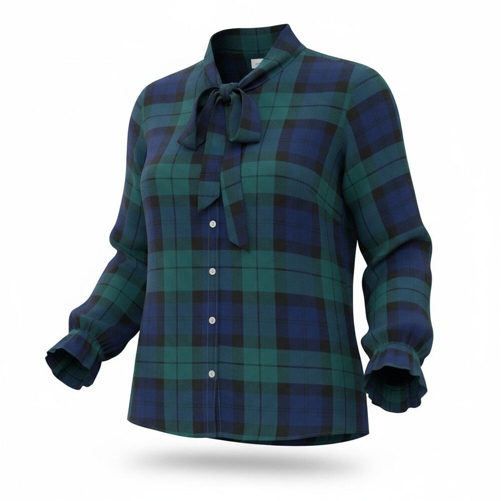 J.Crew Women's Long Sleeve Green Plaid Button-Up Bow Tie Shirt Size Large